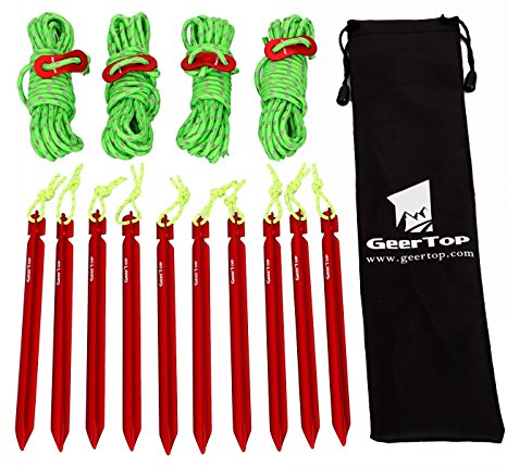 GEERTOP 10 Pack 7-in Aluminum Tent Pegs Stakes & 4mm Reflective Guy lines with Cord Adjuster & Pouch for Hiking Camping Mountaineering