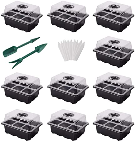 YSBER 10-Pack Seed Starter Tray Kit 60 Cells Humidity Adjustable Plant Starting Kit with Dome and Base Greenhouse Grow Trays,Mini Propagator for Seeds Growing (10 Pack, 60 Cells)