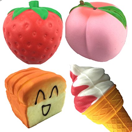 Pack of 4 Jumbo Slow Rising Squishies Strawberry Peach Ice Cream Toast Bread Charms Kawaii Scented Phone Charms Soft Hand Wrist Stress Relief Toy Cellphone Holder Color Random For Kids and Adults