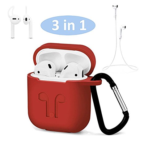 Airpods Case, Airpods Strap, Airpods Ear Hooks, Airpods Silicone Protective Cover with Earphone Sports Anti-lost Strap with Silicone Protective Earhooks, Airpods Replacement Accessories (Red)