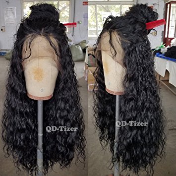 QD-Tizer 180 Density Long Loose Curly Synthetic Lace Front Wigs Black Color Hair for Fashion Women