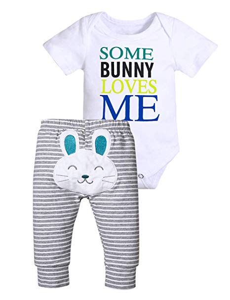 Newborn Baby Boy Easter Outfits Some Bunny Loves Me Short Sleeve Romper and Rabbit Long Pant Clothes Set