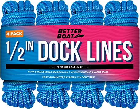 Boat Dock Lines & Rope Boat Ropes for Docking 1/2" Line Braided Mooring Marine Rope 25FT 1/2 Inch Nylon Rope Boat Dock Lines for Docking Boat Lines Boating Rope Braided with Loop Blue 4 Pk