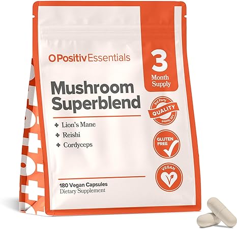 O Positiv Organic Mushroom Superblend Capsules - Mushroom Supplement Complex with Reishi, Cordyceps & Lion’s Mane - High-Density Adaptogenic Mushroom Extracts - 90 Servings, 3 Month Bulk Supply