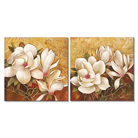 Pyradecor Magnolia Flowers Modern 2 Piece Stretched and Framed Floral Giclee Canvas Prints Oil Paintings Artwork Style Brown Pictures on Canvas Wall art for Living Room Bedroom Home Decorations