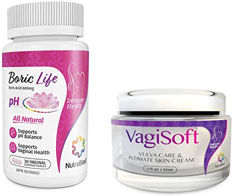 NutraBlast Boric Acid Suppositories 600mg (30 Count) w/VagiSoft Vulva Balm & Intimate Skin Care Cream (2 oz) | Relieves Dryness, Itching, Burning, Redness, Chafing, Odor, Menopause Symptoms