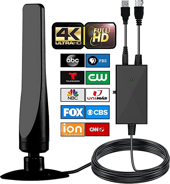 ANTIER Amplified Digital TV Antenna 450 Miles Range HDTV - Support 4K 8K 1080p Fire tv Stick and All Older TV's - Smart Switch Amplifier Indoor Signal Booster - 9ft Coax Cable