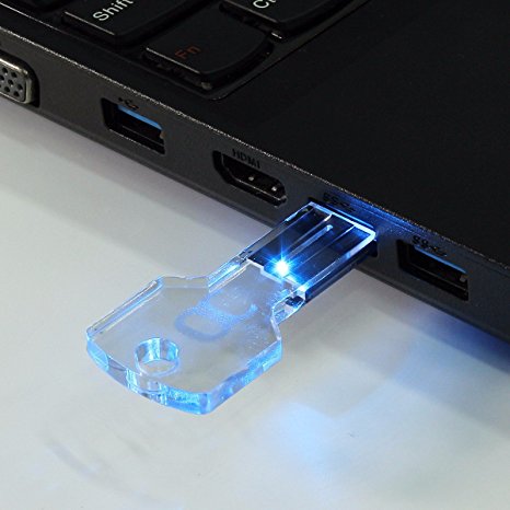ONCHOICE USB 2.0 16GB Flash Drive Waterproof Memory Stick LED Thumb Drive Crystal Transparent & Blue Key Shape Fashion Gift