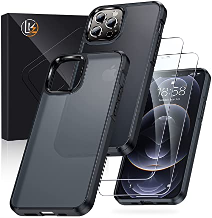 LK Designed for iPhone 12 Case/iPhone 12 Pro Case, [Military Grade Drop Tested] [Never Yellow] with 2 Pack Tempered Glass Screen Protector, Translucent Matte Slim Protective Cover, Matte Black