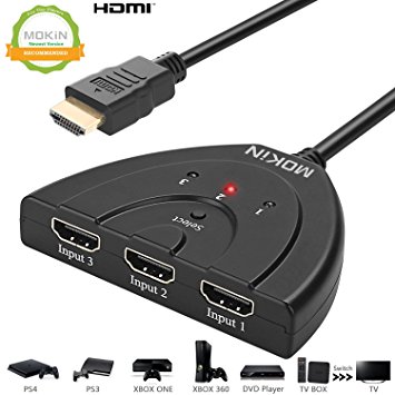 MOKiN 3-Port HDMI Splitter Switch Cable 2ft 3 In 1 out Auto High Speed Switcher Splitter Support 3D,1080P For HDMI TV, PS3, PS4, Xbox One,Blue-Ray DVD Player, etc -Updated Version