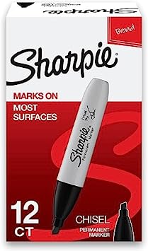 Sharpie Chisel Tip Permanent Markers; Proudly Permanent Ink Marks On Paper, Plastic, Metal, and Most Other Surfaces; Remarkably Resilient Ink Dries Quickly and Resists; Black; Pack of 12 (38201)