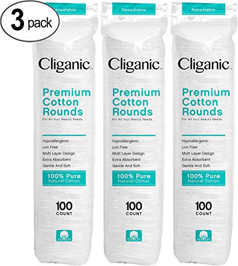 Cliganic Premium Cotton Rounds for Face (300 Count) | Makeup Remover Pads, Hypoallergenic, Lint-Free | 100% Pure Cotton