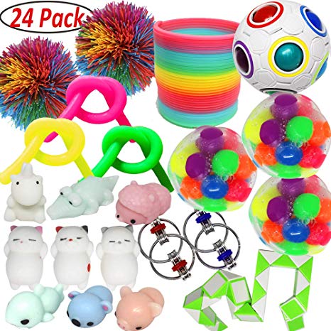 Jalousie 24 PCs Sensory Toy Fidget Stress Relief Toy for Adults and Kids - Conform to ASTM Toy Standard Value Bundle - Include Squeeze Balls Stretchy Strings Squishy Toy Puzzle Rubber Stringy Ball