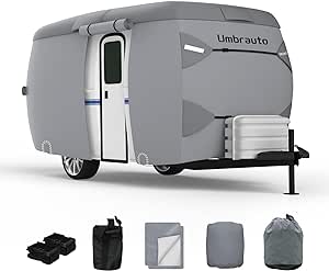 Umbrauto Fiberglass Travel Trailer Cover Fits 11'-13' Trailers, 2023 Upgraded 7 Layers Top Camper RV Cover with Windproof Strap,Adhesive Repair Patches