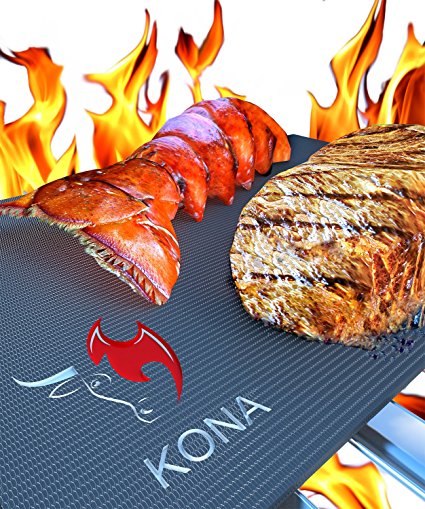 Kona BEST BBQ GRILL MAT - Set of 2 Mats - Up to 400% Thicker Than Miracle, Yoshi, Others Plus 2,000 Uses - Free 7YR Replacement - For Grilling Meat, Veggies, Seafood, PIZZA - No Fall Through, No Flame Ups, Non-Stick - Dishwasher Safe 100% Guaranteed