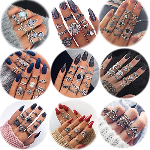 LOLIAS 66-104 Pcs Vintage Knuckle Ring Set for Women Girls Stackable Rings Set Hollow Carved Flowers