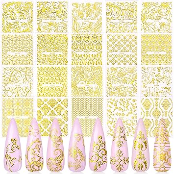 Gold Flowers Nail Art Sticker, KISSBUTY 20 Sheets Metallic Flowers Vine Nail Decals 3D Flower Lace Nail Adhesive Stickers Leaves Nail Art Decor Gold Floral Nail Decor Manicure