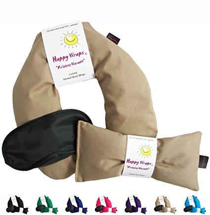 Happy Wraps Herbal Neck Wrap w/Free Lavender Eye Pillow & Free Sleep Mask - Microwave or Freeze - Tan Cotton