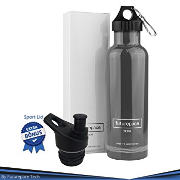 Futurepace Tech Best Stainless Steel Double Walled Vacuum Insulated Water Bottle - Charcoal - 750ml / 25oz - Perfect for Hiking, Camping, Beach, Yoga, Travel