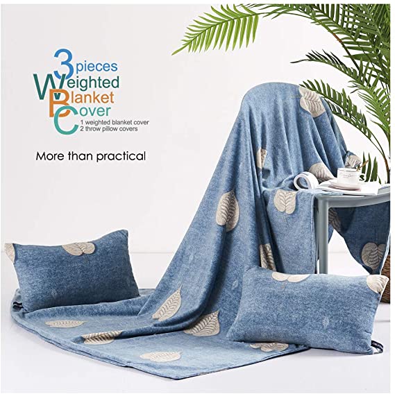 Cieltown Removable Duvet Cover for Weighted Blanket 48x72 with Zipper and 8 Ties, Super Soft Velvet Machine Washable, 2 Throw Pillow Covers Free (Leaves Blue Cover 3PC, 48"x72")