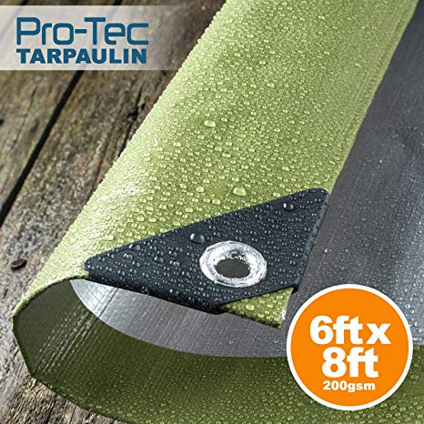 Pro-Tec Garden Products Green Tarpaulin 200gsm Heavy Duty Waterproof Ground Sheet Tarp Cover Camping (6ft X 8ft - Green/Silver)