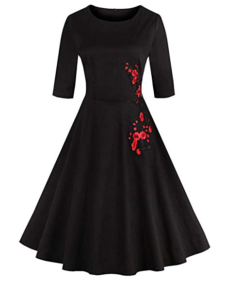 Women's 1950s Retro Vintage Floral 3/4 Sleeve Party Cocktail Swing Dress