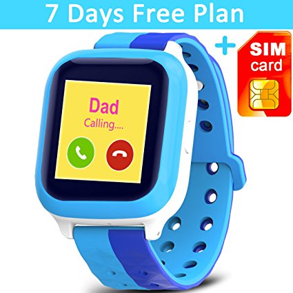 TURNMEON Smart Watch Phone for Kids with IP65 Waterproof Wifi GPS Tracker Fitness with SIM Card SOS Children Smartwatch Safety Monitor/7 Days AirTime Plan Pre-Load (MIX Blue)
