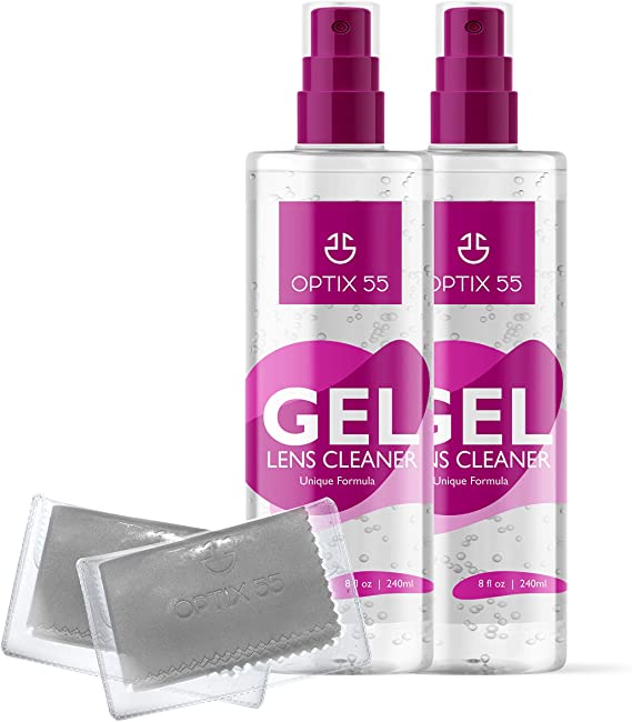 Gel Lens Cleaner Kit |(2) 8oz Eye Glasses Cleaner Gel Spray   (2) Microfiber Cleaning Cloths | Safe for AR Coated & All Lenses, Screens, Electronics (Clear)