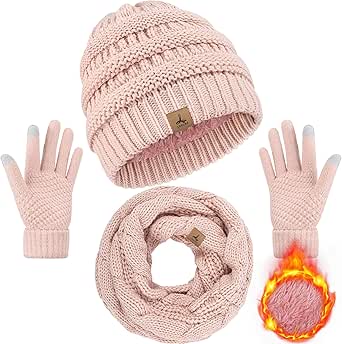 Winter Beanie Hat Scarf Gloves, Warm Fleece Knit Winter Hats Touch Screen Gloves Neck Scarf Set Winter Gifts for Unisex Adult