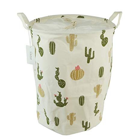 Large Sized Waterproof Coating Ramie Cotton Fabric Folding Laundry Hamper Bucket Cylindric Burlap Canvas Storage Basket with Drawstring Cover Stylish Cactus Design (Green Cactus)