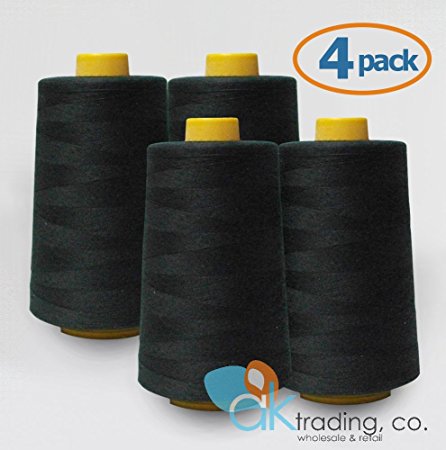 AK-Trading 4-Pack BLACK Serger Cone Thread (4000 yards each) of Polyester thread for Sewing, Quilting, Serger