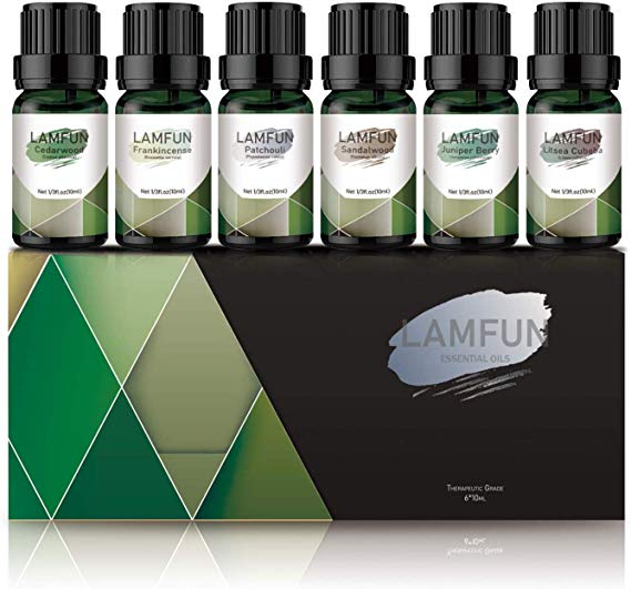 LamFun Essential Oils Set, Woodsy Top 6 Aromatherapy Essential Oils Gift Kit (Sandalwood, Juniper Berry, Litsea Cubeba, Cedarwood, Frankincense, Patchouli) 6 x 10 ml