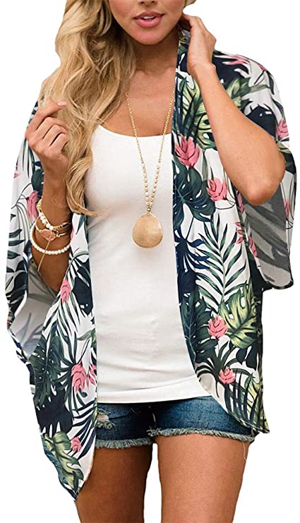 Women's Floral Print Puff Sleeve Kimono Cardigan Loose Cover Up Casual Blouse Tops