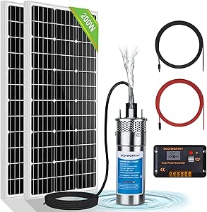 ECO-WORTHY Solar Deep Well Pump System 12V Water Pump with 2pcs 100W Monocrystalline Solar Panel and 20A Controller and 16.4ft Solar Cable for Remote-regions Water Supply,Deep Well, pool, Farm & Ranch