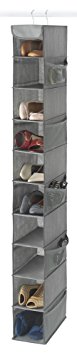 Zober 10-Shelf Hanging Shoe Organizer, Shoe Holder for Closet - 10 Mesh Pockets for Accessories - Breathable Polypropylene, Gray - 5 x 11.5 inch x 52 inch