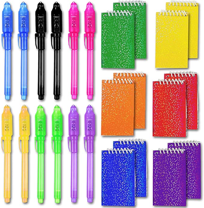 HeroFiber Invisible Ink Spy Pen w/ UV Light (12 Pack)   Mini Prism Spiral Notepads w/ Glitter (12 Pack) - Great for Birthday and Themed Party Favors, Magic & Spy Parties, Diary, Goodies Bags Toy