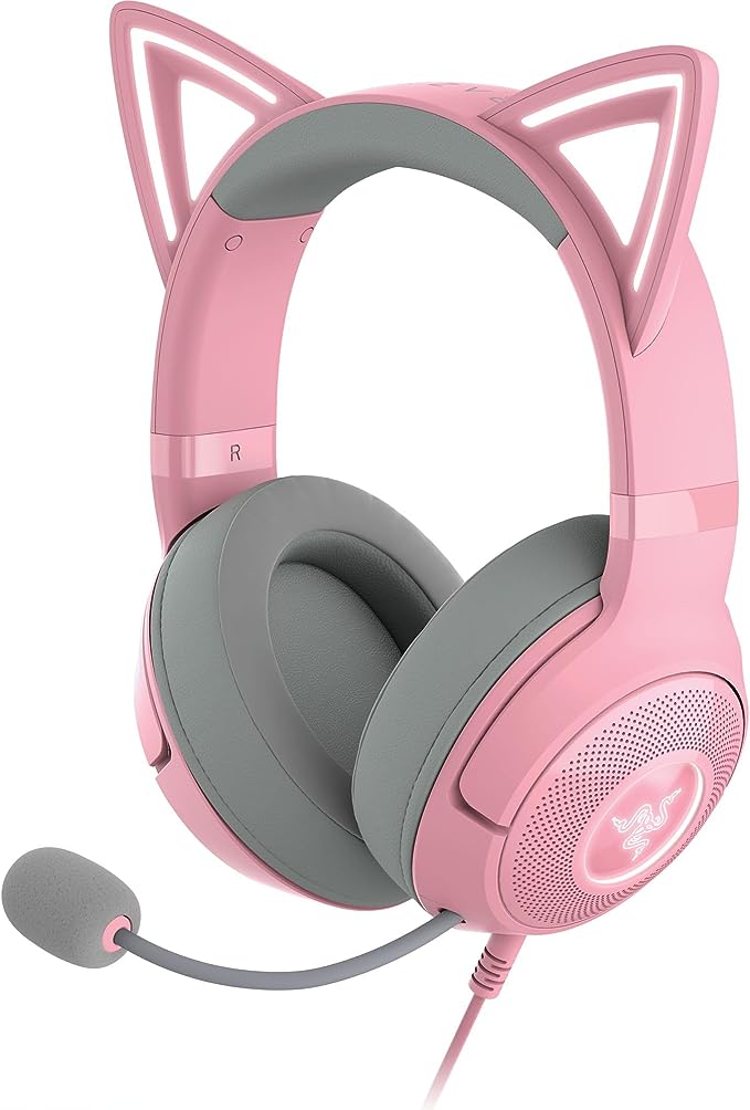 Razer Kraken Kitty V2 USB Wired RGB Headset: Chroma Kitty Ears - Stream Reactive Lighting - HyperClear Cardioid Mic - Triforce 40 mm Drivers - 7.1 Surround Sound - Quartz Pink