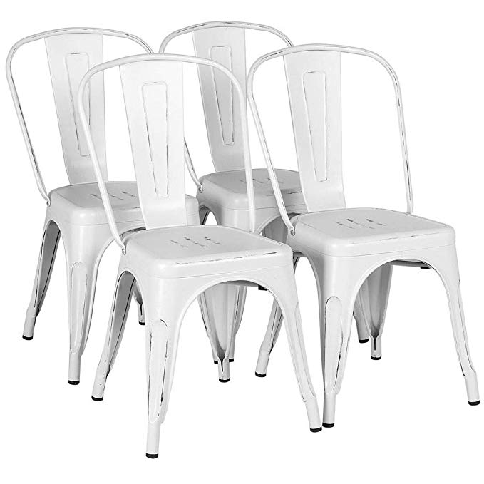 Yaheetech Metal Dining Chairs Indoor/Outdoor Stackable Side Chairs Coffee Chair Distressed White (Set of 4)