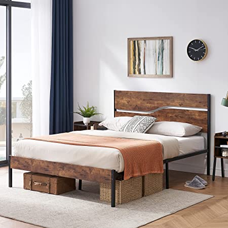 VECELO Platform Bed Frame/Mattress Foundation Queen Size with Rustic Vintage Wood Headboard, Strong Metal Slats Support, No Box Spring Needed