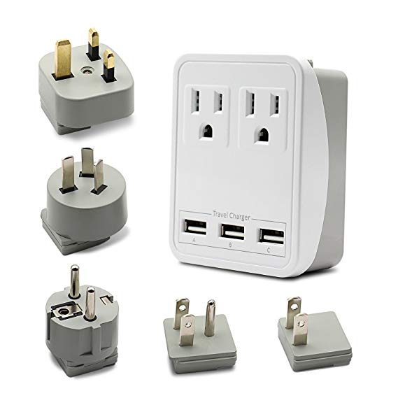 Aisilk Universal Travel Adapter Charger Kit - Triple 2.4A USB Ports   2 Outlets, Includes Plugs for Europe, UK, China, Australia, Japan - Perfect for Laptop, Cell Phone, Camera and more by