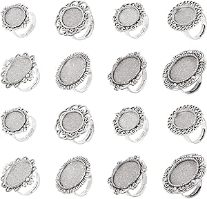 SUNNYCLUE 16Pcs 8 Styles Antique Silver Adjustable Blank Flower Cabochon Ring Settings Flat Ring & Oval Ring Components Bezel Setting Trays for Women DIY Ring Jewelry Making Crafts