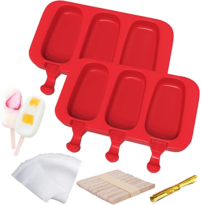 Ouddy Silicone Popsicle Molds with Lid, 2 Pcs Popsicle Molds for Kids 4 Cavities Ice Pop Molds Oval with 50 Wooden Sticks & 50 Parcel Bags & 50 Sealing Lines for DIY Ice Popsicle - Red (Red)