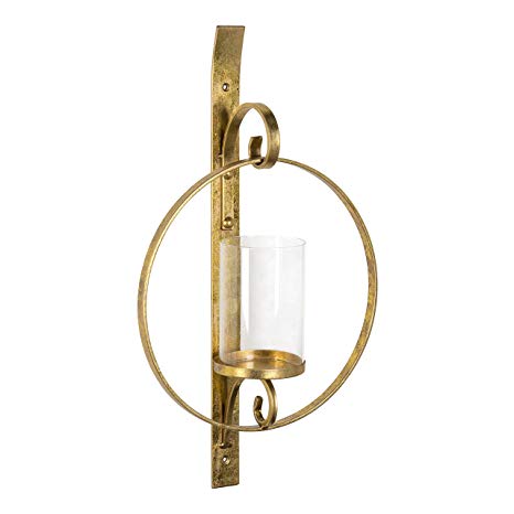 Kate and Laurel Doria Metal Wall Candle Holder Sconce, Gold Leaf Finish, Includes 6 inch Glass Pillar