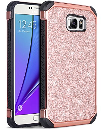 Galaxy Note 5 Case, Note 5 Case, BENTOBEN 2 in 1 Glitter Luxury Bling Hybrid Hard Cover Laminated with Sparkly Shiny Faux Leather Shockproof Bumper Protective Case for Samsung Galaxy Note 5, Rose Gold