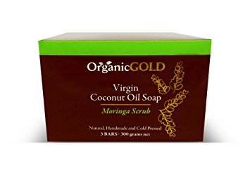 Natural and Organic Virgin Coconut Oil Soap and Body Scrub with Real Moringa Leaves Is the Best Exfoliant for Fresh Clean Every Bath – for Healthy and Glowing Skin (Pack of 3)