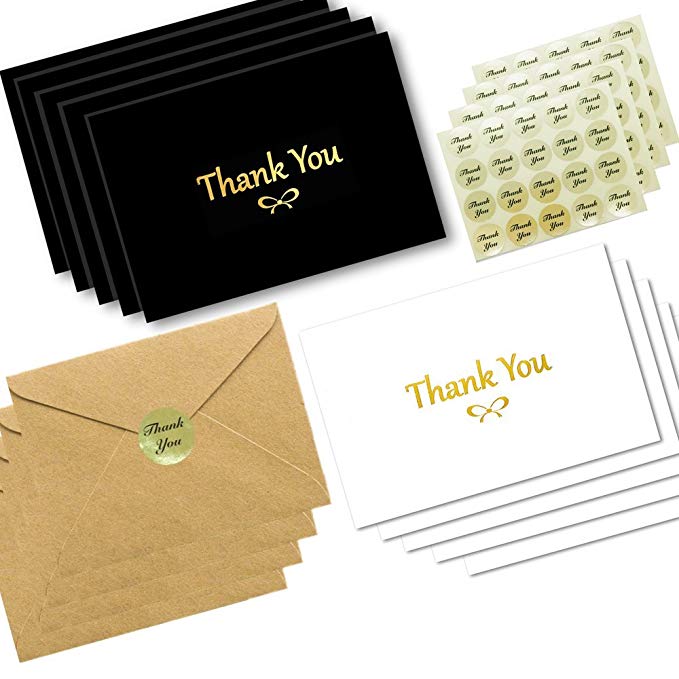 100 Thank You Cards With Gold Foil Embossed Designs | 4 x 6 Inches, Bulk Blank Note Cards With Envelopes And Gold Stickers | Perfect For Wedding, Bridal Shower, Baby Shower, and Business (Black White)