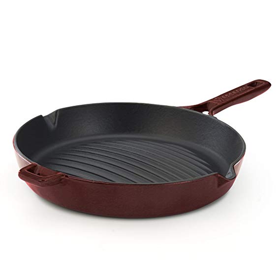 Essenso Convex Curved Base Cast Iron Grill Pan with 4-Layer Enamel Coating, 10", Red/Black