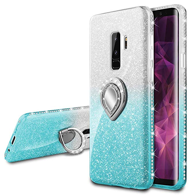 VEGO Galaxy S9 Plus (Not S9) Glitter Case with Ring Holder Kickstand for Women Girls Bling Diamond Rhinestone Sparkly Bumper Fasion Shiny Cute Protective Case for Samsung Galaxy S9 Plus (Teal)