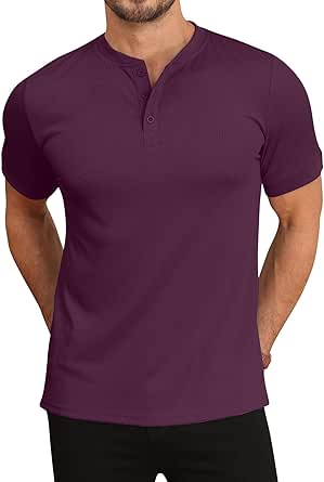 Men's Short Sleeve Henley Shirts Ribbed Stretchy T-Shirts Button Down Tee Casual Basic Tops