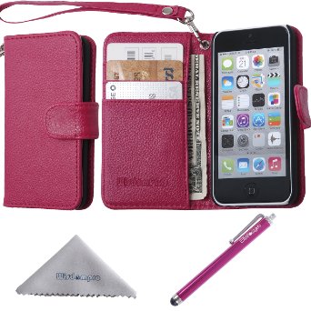 Wisdompro PU Leather Flip Folio Wallet Case with Card Holder and Wrist Lanyard for Apple iPhone 5c - Hot Pink